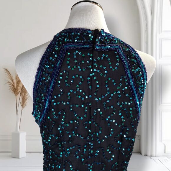 Vintage 90s Sequin Formal Prom Evening Dress Size L Halter Neck Thigh Slit - Picture 9 of 16